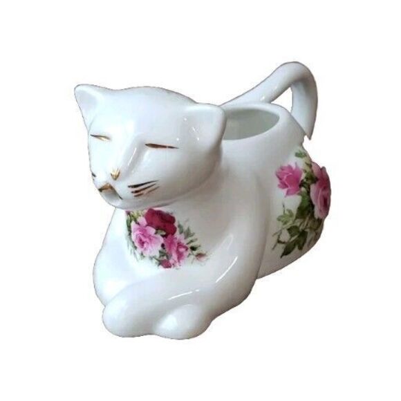 Golden Crown E & R Fine Bone China Cat Creamer White Floral Gold Trim - Picture 1 of 9